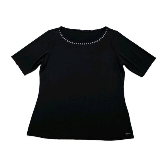 Tahari Top Womens L Black SS Studs Stretch Whimsigoth Office Mature Logo Capsule - Picture 8 of 16